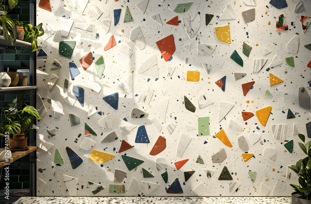 Poster a wall with a mosaic pattern of different colored tiles. the tiles are scattered all over the wall, 