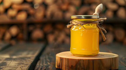 ghee oil. Ghee or clarified butter in jar on a wooden background. banner, menu, recipe place for text