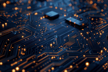Close Up of Blue Circuit Board with Orange Lights Depicting Futuristic Technology and Digital Connectivity