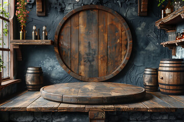 Brown old retro barrels with free space for your decoration. Dark interior and shadows. Copy space and top of empty table.