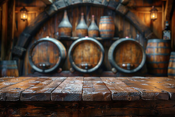 Brown old retro barrels with free space for your decoration. Dark interior and shadows. Copy space and top of empty table.