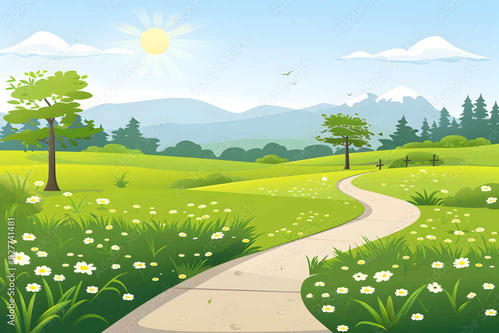 Poster a path winds through a grassy field with a sun shining brightly in the sky. the scene is peaceful an