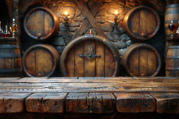 Brown old retro barrels with free space for your decoration. Dark interior and shadows. Copy space and top of empty table.