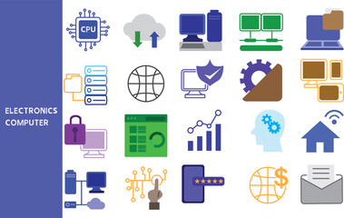 Electronics Computer equipment parts and electronic component manufacturing, ICs, transistors, CPUs ,Set of icons for business ,symbol collection.,Vector illustration.