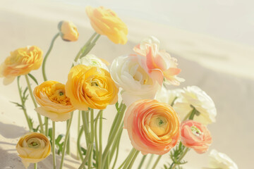 Blooming Spring Ranunculus Flowers in Sunlight on a Blurry Background