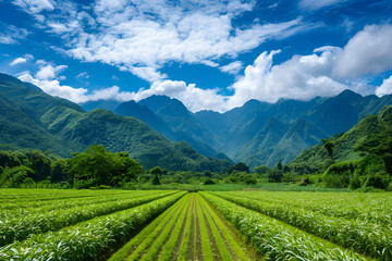 Fototapeta premium Panoramic view of grassland and mountain range