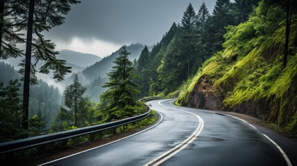 Fototapeta premium asphalt wavy mountain road green trees clouds vacation.