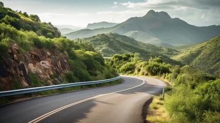 Fototapeta premium asphalt wavy mountain road green trees clouds vacation.