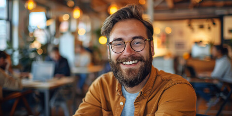 Fototapeta premium Smiling Bearded Man in Relaxed Coffee Shop Environment with Modern Lighting