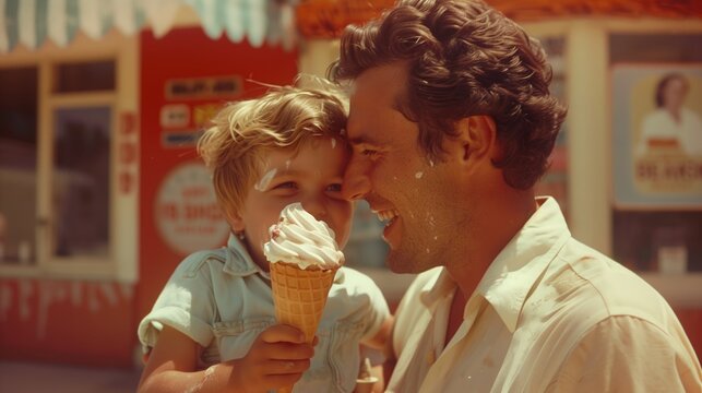  a retro photograph capturing a father and son sharing an ice cream cone. 
