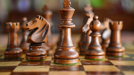 Fototapeta premium Close-Up Shot of Chess Pieces on Wooden Board