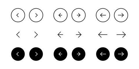 Arrow buttons icon set. Website slider navigation symbols. Next and previous rounded buttons for app. Web interface arrow buttons isolated illustration.