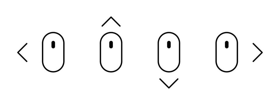 Scroll mouse direction icon set. Scrolling down, up, left and right arrow cursor symbol. Computer mouse vector illustration isolated.