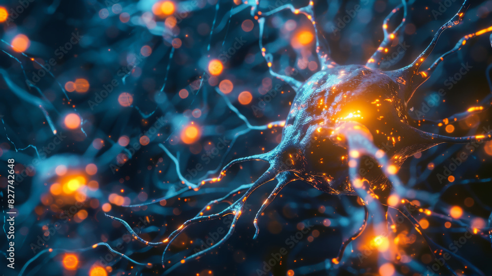 Aufkleber a close up of a brain with many neurons and a bright orange spot. concept of complexity and wonder, 
