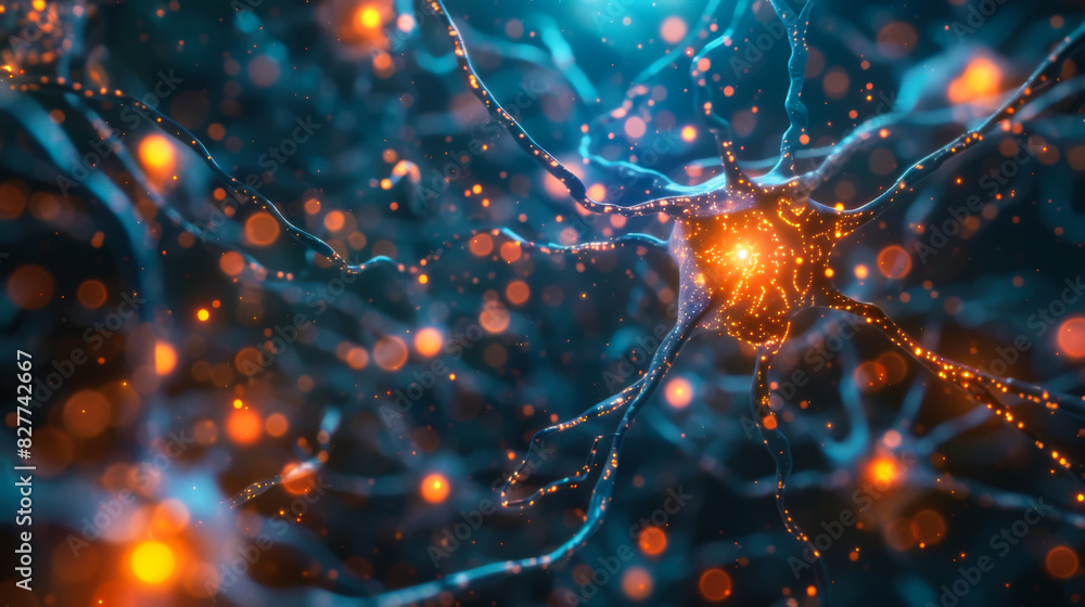 Aufkleber a close up of a brain with many neurons and a bright orange spot. concept of complexity and wonder, 