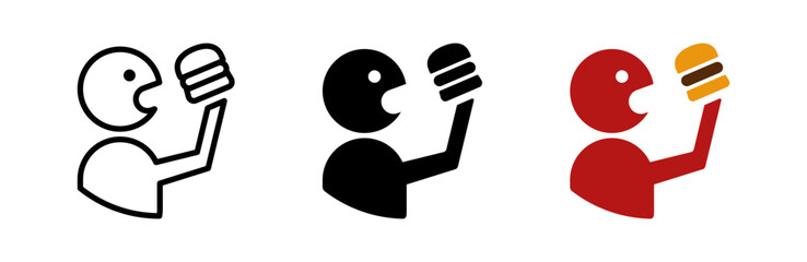 Man eating burger vector illustration. Fast food logo. Eatery emblem. Obesity symbol. Gluttony icon isolated.