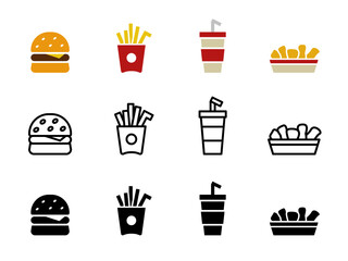 Fast food icon set. Burger symbol. French fries sign. Chicken nuggets vector illustration. Coke soda bottle. Snack icon set isolated. Eatery logo.