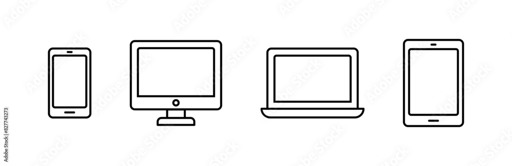 Poster computer, phone, laptop and tablet icon set. electronic devices outline isolated illustration. respo