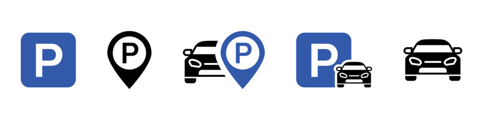 Parking icon set. Car park public area symbol. Parking road sign. Automobile illustration isolated.