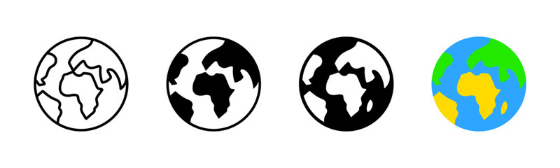 Colored Earth icon set. Planet symbol. Globe sign. Travel worldwide illustration isolated.