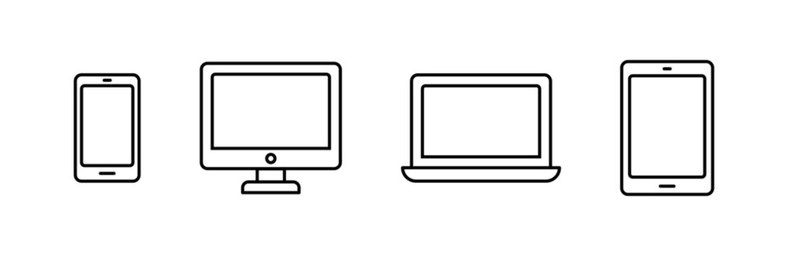 Computer, phone, laptop and tablet icon set. Electronic devices outline isolated illustration. Responsive display web design sign isolated.