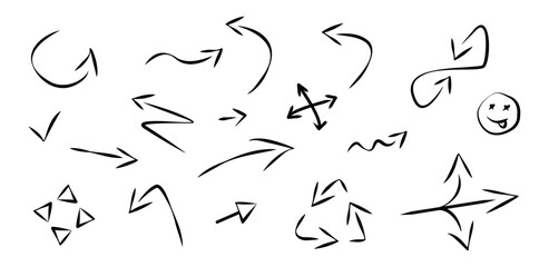 Hand-drawn brush arrows collection. Curve element graphic illustrations. Line hand drawn brush arrow shape set isolated on white background.