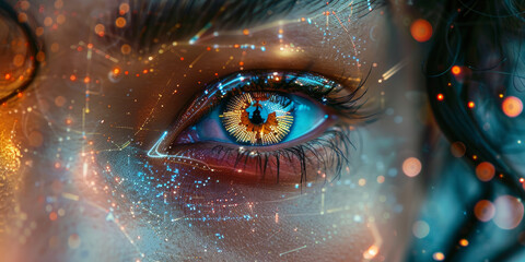 Futuristic Close Up of Human Eye with Digital Art and Holographic Elements
