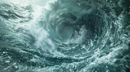 Fototapeta premium A powerful hurricane swirls over the ocean, creating huge, gusty waves and dark clouds that cover the sky. Its destructive power is visible in the swirling eye of the storm
