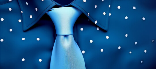 A polka dot blue tie with blue collar shirt,