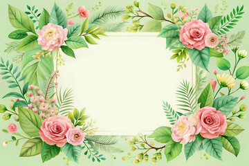 Obraz premium A wedding invitation in a botanical garden-themed, featuring a variety of green leaves, watercolor flowers, a delicate frame natural and chic look at the same time. Card, invitation, banner, flyer. 