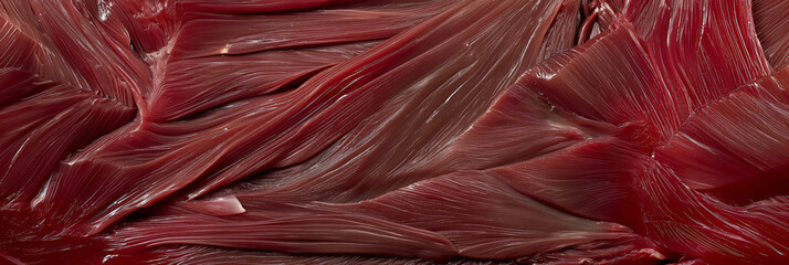 Detailed view of raw red muscle fibers, showcasing the intricate texture and structure of the tissue.