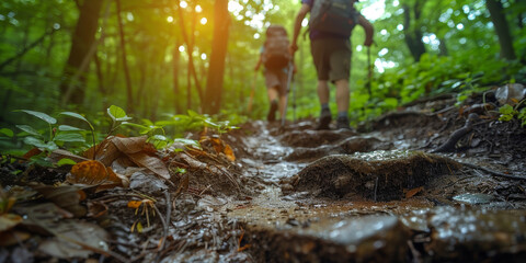 Couple Hiking on Rocky Forest Trail at Sunrise with Sunlight Filtering Through Trees
