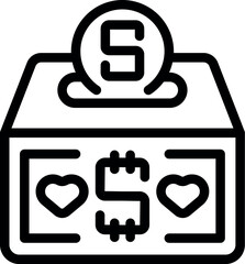 Black and white line art illustration of a charity donation box icon for fundraising, philanthropy, and nonprofit support concept in vector graphic with minimalist, simple, and outline design