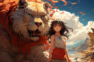 Cute Asian little girl and little mythical beast