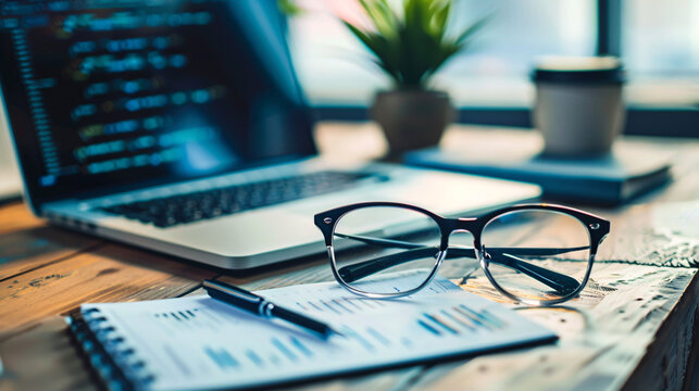 Workspace with coding laptop and glasses. Close up image of a workspace with glasses, pen, notebook and laptop with program code on the screen.
