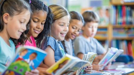 Fototapeta premium Young schoolchildren read books in class at their desks. A group of children study at school indoors. Education concept.
