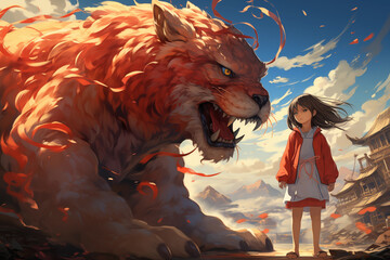 Cute Asian little girl and little mythical beast