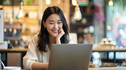 Asian woman sitting in front of a laptop computer, focused on her work in a coffee shop setting.