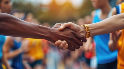 Black and white runners shaking hands after a race