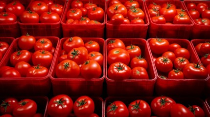 Freshly Picked Tomatoes Sorted In Red Baskets Ready For Market. Generative AI - Powered by Adobe