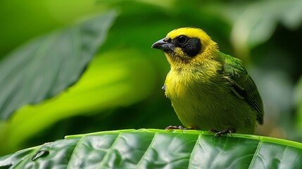  A yellow-and-black bird perches atop a lush, leafy plant, surrounded by numerous green leaves Its head sports a distinct black eye