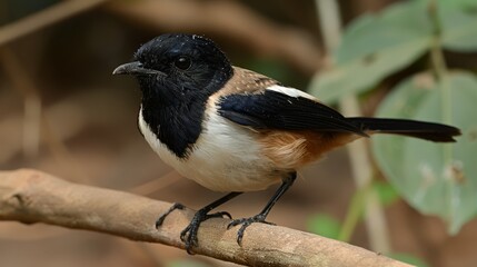  A black-and-brown bird perches on a green tree branch Behind it, a blurred leafy backdrop extends