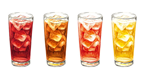 Glass of ice tea set. Watercolor hand drawn illustration isolated on white background