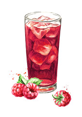 Glass of fruit ice tea with raspberries. Watercolor hand drawn illustration isolated on white background