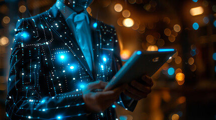 Young businessman using a modern digital tablet on a dark background in the office. The hands of a man in a suit works with a technological tablet.