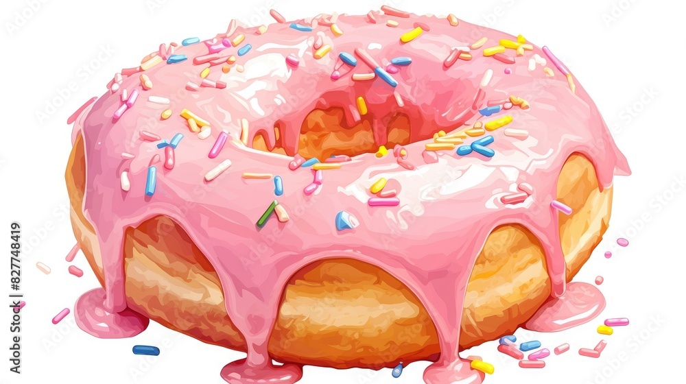 Poster a delightful illustration of a sugary donut topped with a luscious pink glaze and an array of colorf