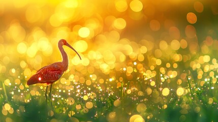  A red bird with a long beak stands in a field of green grass Behind it, a bright yellow bolt of light appears in the background