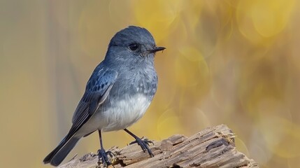  A blue bird atop a wooden perch against a yellow-brown background Foreground features a blurred tree branch image