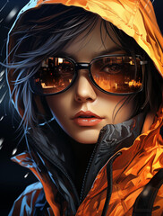 portrait of a woman in sunglasses with fire light