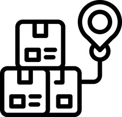 Black line icon of stacked packages and a location pin, symbolizing delivery address